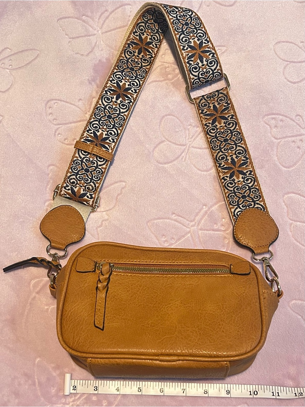 Women's Tan Leather Crossbody Bag with Embroidered Strap